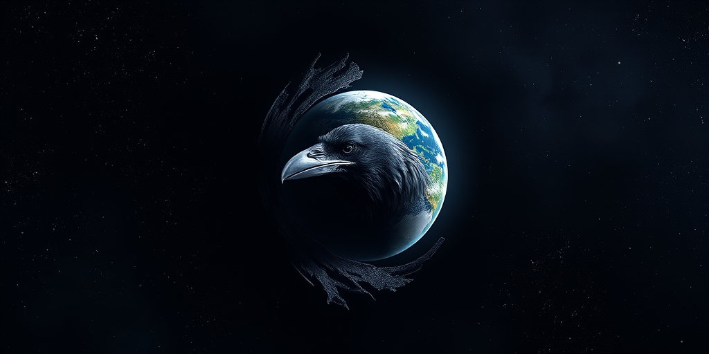 create an image of a dark, cosmic background with a large planet featuring a raven's head emerging from a hole, use a Canon EOS R5 camera, 24mm lens, f/2.8 aperture, ISO 100, 1/100 sec shutter speed, focus on vivid colors and sharp details in a HDR style