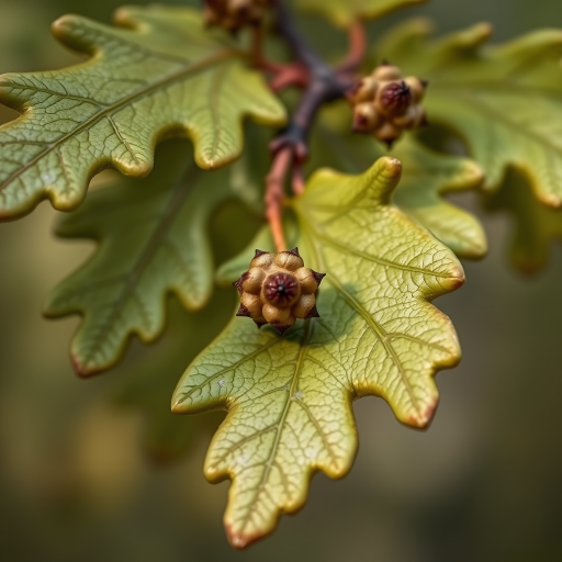 close-up of oak leaves with galls, soft focus background, natural lighting, ISO 200, aperture f/2.8, 50mm lens, taken with a DSLR camera, shallow depth of field