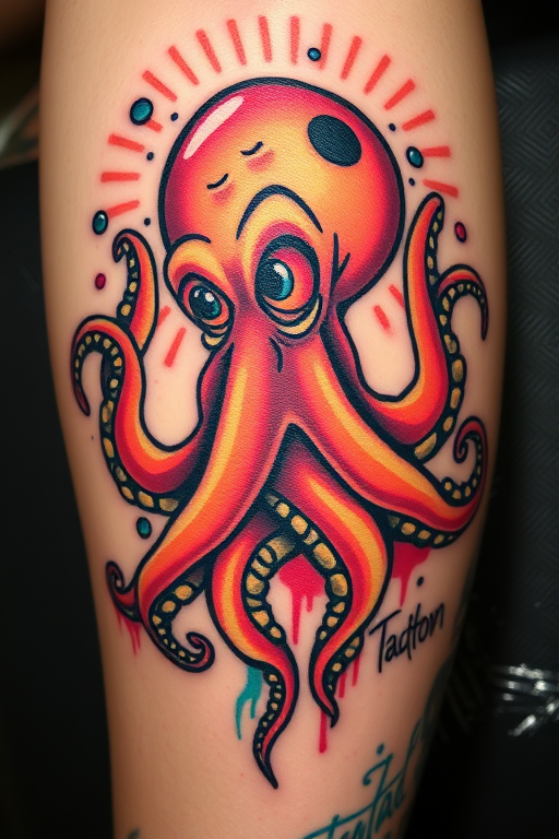 New school tattoo featuring a quirky, cartoonish octopus with exaggerated features and bold, saturated colors, incorporating graffiti-inspired elements, dubbed "Tentacle Toon"