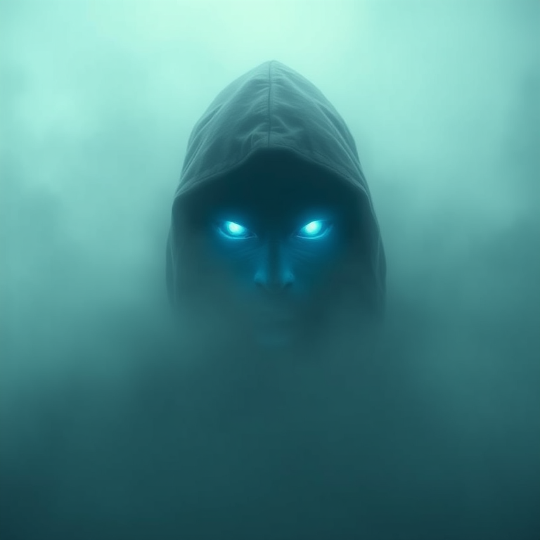 A hooded figure with glowing blue eyes emerging from thick fog, cinematic lighting, low-angle view, DSLR camera, 50mm lens, f/1.8 aperture, ISO 100, 1/200 sec shutter speed.