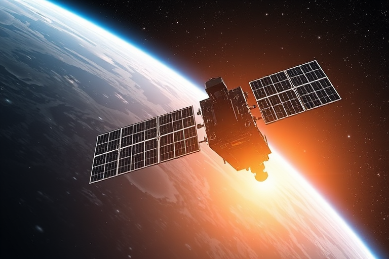 Create a high-resolution illustration of a satellite in space with detailed solar panels, using a digital art style, 1080p resolution, shot with a wide-angle lens at f/8, ISO 100, and a slight vignette effect for depth.