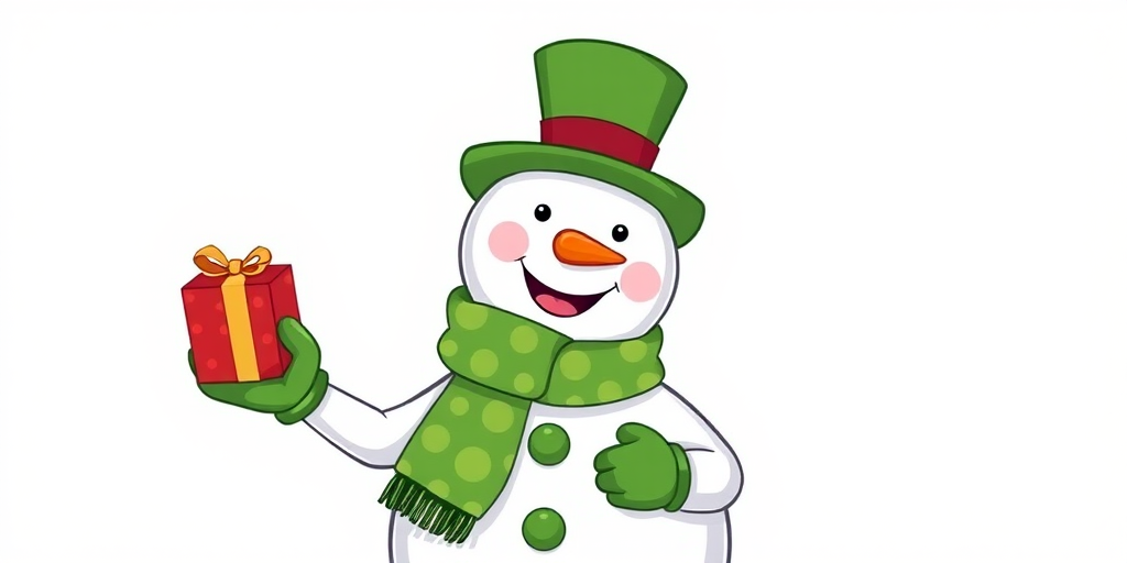 create a cartoon-style illustration of a cheerful snowman wearing a green top hat and a green spotted scarf, holding a red gift box in one hand, with a plain white background, shot with a digital camera at 50mm, f/2.8 aperture, 1/200 sec shutter speed, and ISO 100 for high clarity and vibrant colors.