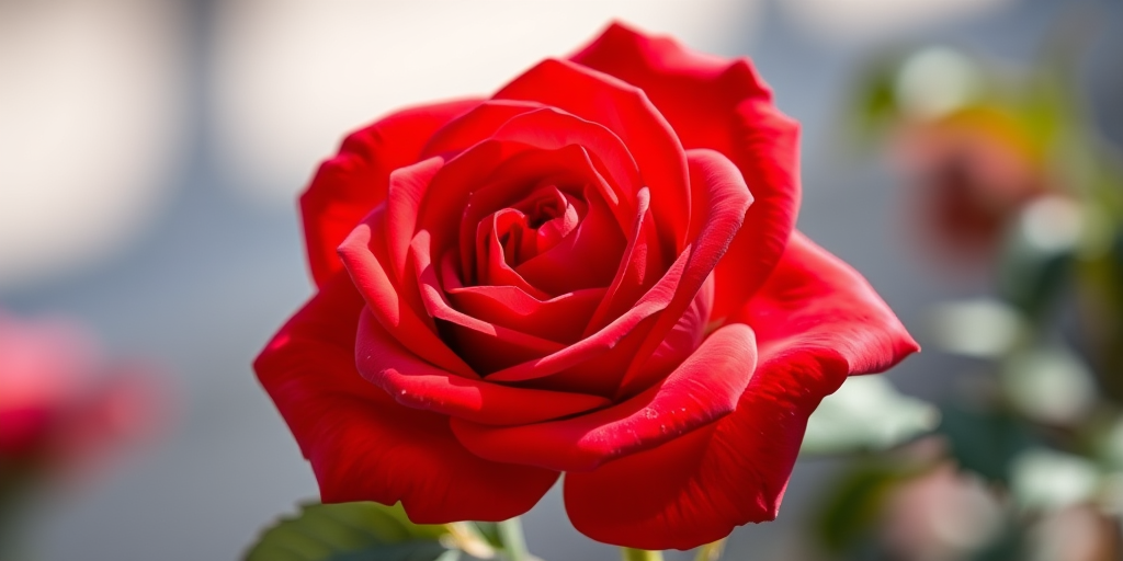 create a hyper-realistic image of a red rose with intricate details and vibrant colors, using a DSLR camera with a 50mm lens at f/2.8, ISO 100, and a shallow depth of field, in natural light to enhance the quality and clarity of the petals and leaves