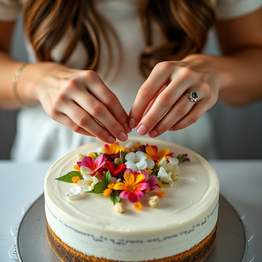 A close-up shot of a woman delicately arranging edible flowers on a round cake, with a focus on her hands and the intricate details of the decoration, natural light, aperture f/2.8, ISO 200, 50mm lens, shallow depth of field, DSLR camera.