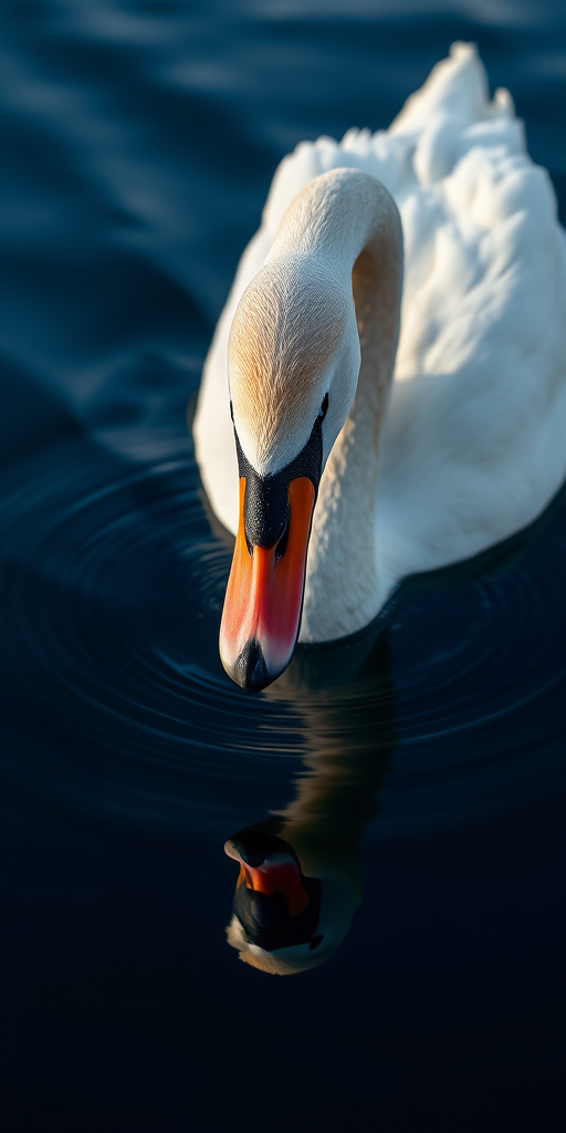 A serene close-up of a swan gracefully gliding on calm water, with ripples reflecting its image, shot with a Canon EOS 5D Mark IV, ISO 200, f/5.6, 1/250s, using a 50mm lens in natural light.