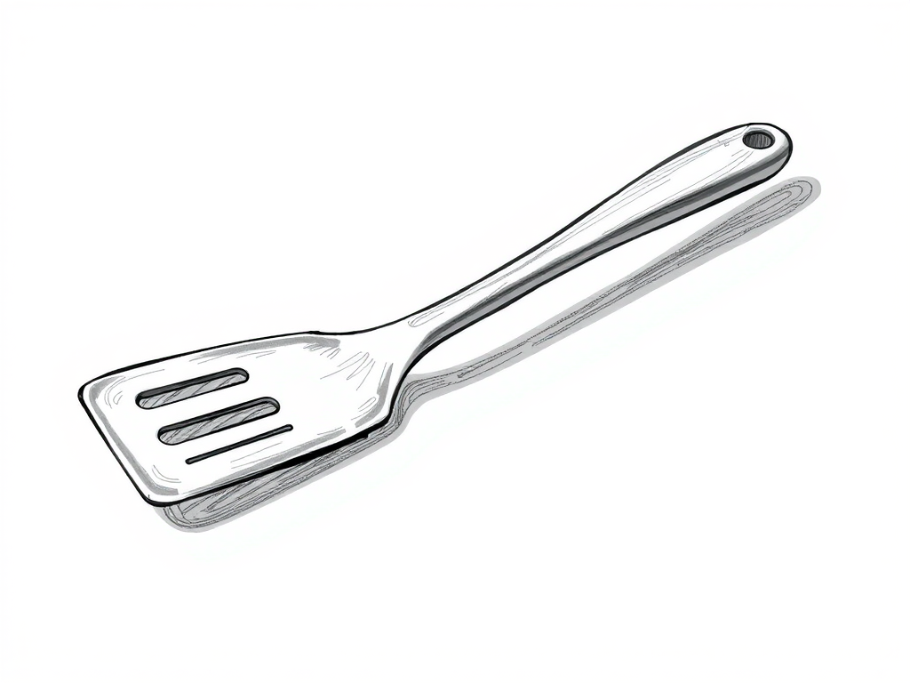 Create a detailed illustration of a kitchen spatula with a long handle and a flat, slotted head, focus on texture and shading, shot with a DSLR camera at f/2.8, ISO 100, at a 45-degree angle to enhance depth, using natural light for a soft effect.