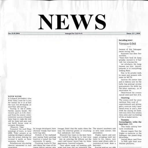 Create a newspaper front page featuring a bold headline that reads "NEWS" at the top with a gray blank area for an article, including the date Dec 29, 2004, with content discussing Inkscape developers' plans for releasing version 0.41, emphasizing noteworthy new features, using a DSLR camera, 50mm lens, f/2.8 aperture, ISO 200, and natural daylight for optimal clarity.
