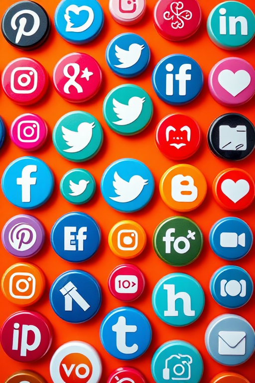 Create a vibrant, high-resolution image of circular social media icons arranged in a grid pattern with bright, colorful backgrounds, using a DSLR camera at f/8 aperture, 50mm lens, and a 1/100s shutter speed for enhanced clarity and depth.