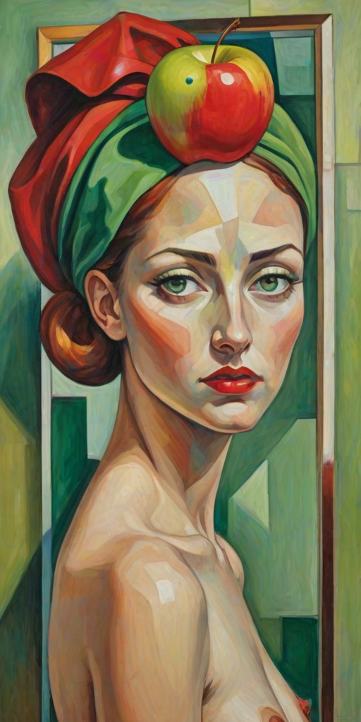 Abstract Surrealist cubist painting depicting a woman with green eyes and a red apple on her head looking at herself in the mirror