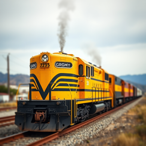 Create a high-resolution image of a vintage yellow and black train from the Rio Grande line, shot with a Canon EOS R5 at 50mm f/1.8, with a shallow depth of field and a soft pastel watercolor effect, emphasizing the train's details against a blurred background.