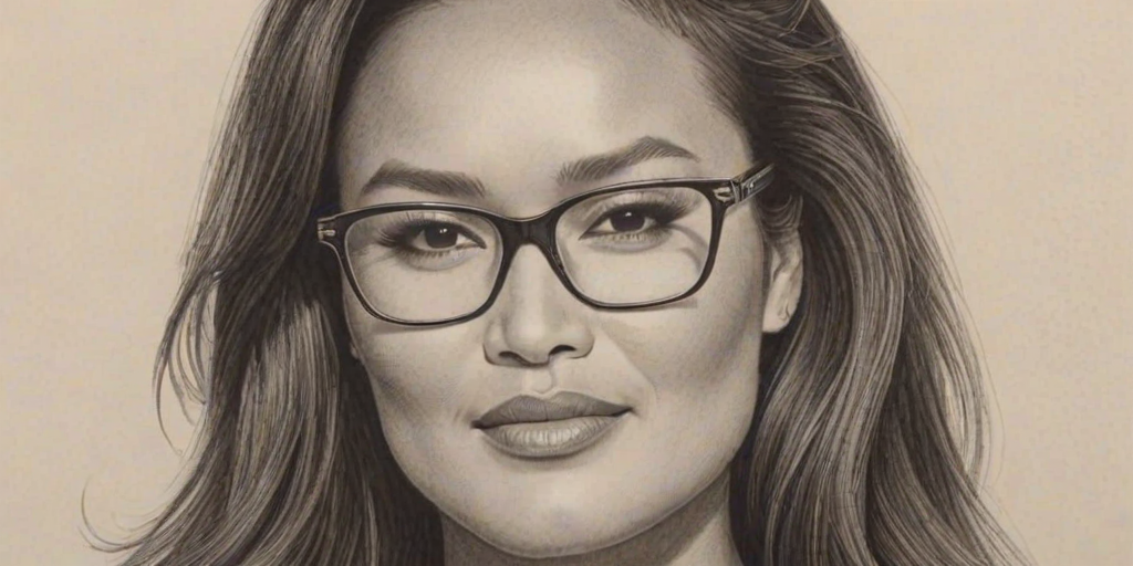 Magnificent Tia Carrere, pencil sketch, portrait of Dazzling woman 1964s in glasses, hair style beatnik, outline, clear lines, fine lines, 8k