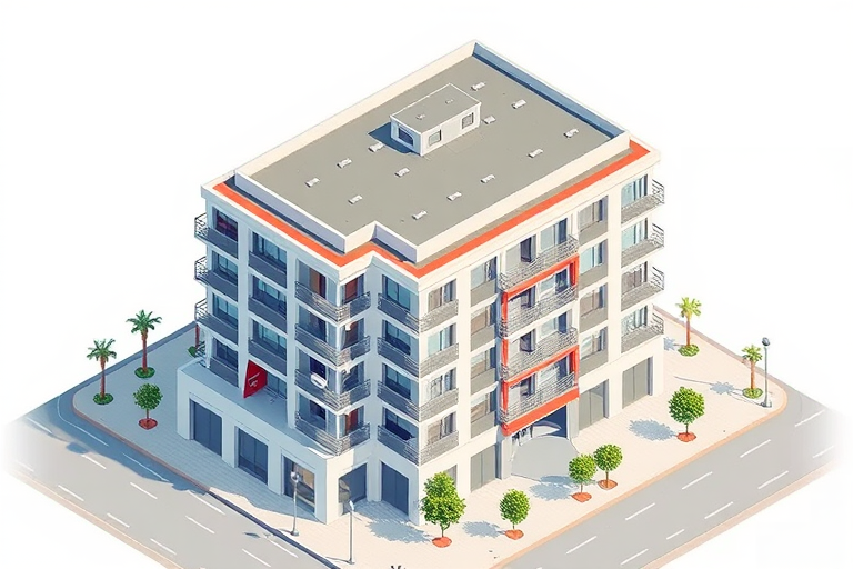 Create a high-resolution isometric illustration of a modern multi-story building with a flat roof and red accents, using a 35mm lens, f/8 aperture, ISO 200, and a soft focus style with clear details.
