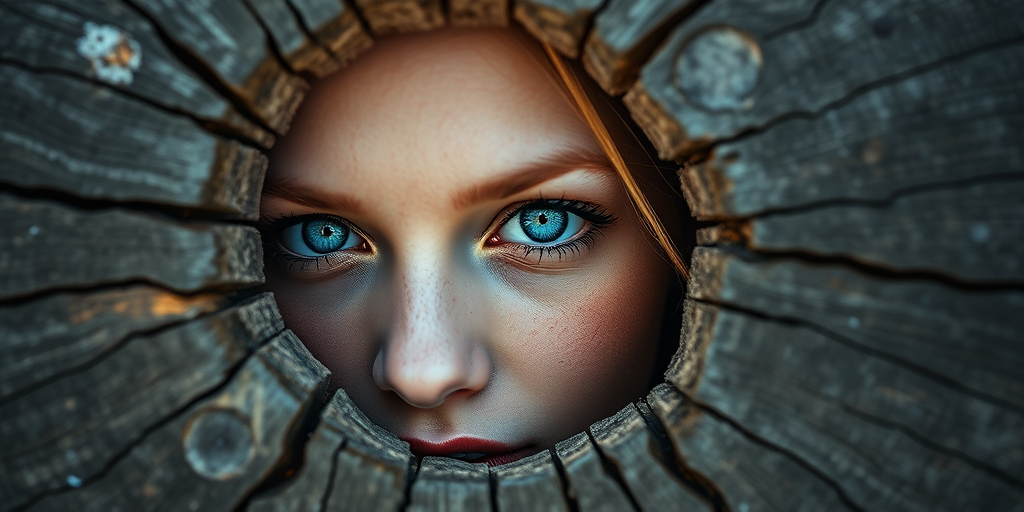 Create a highly detailed portrait of a young woman with striking blue eyes emerging from a cracked, wooden surface, using a Canon EOS R5 with a 50mm f/1.2 lens, aperture set to f/1.2 for a shallow depth of field, soft light for even illumination, and a hyper-realistic style.