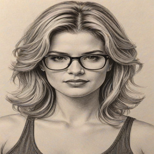 Comely Kristy Swanson, pencil sketch, portrait of Alluring woman 1978s in glasses, hair style beatnik, outline, clear lines, fine lines, 8k
