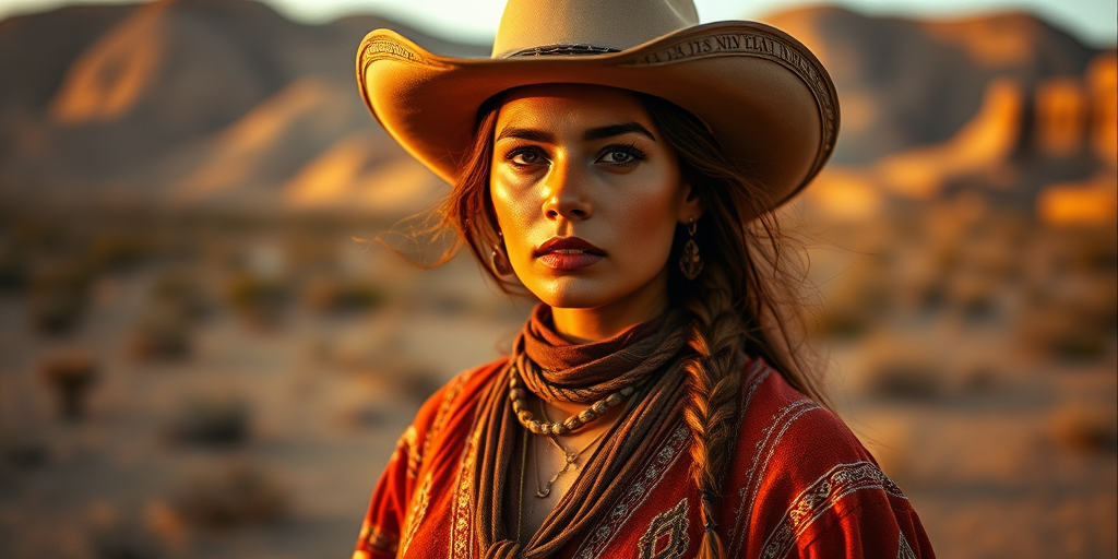 Dramatic photo of a beautiful Maya woman, classic cowboy attire, confident and free spirit expression, half-length portrait, centered, golden hour desert landscape, warm, diffused light, low angle, medium format film camera, in style of Annie Leibovitz.
