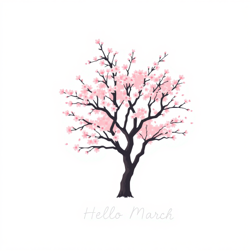 Create a minimalist illustration featuring a pink cherry blossom tree with a white background, accompanied by the text "Hello March" in a stylish font.