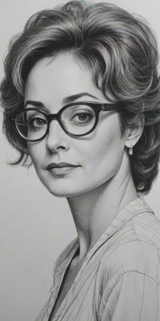 Magnificent Annie Potts, pencil sketch, portrait of Sublime woman 1972s in glasses, hair style beatnik, outline, clear lines, fine lines, 8k
