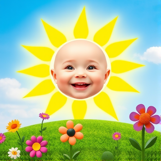 Create an image shows a bright, sun with a smiling baby's face in the center, radiating soft yellow rays. The sun is set against a clear blue sky with a few wispy clouds. Below, there's a lush green grassy hill with colorful, oversized flowers, giving the scene a whimsical, playful atmosphere.