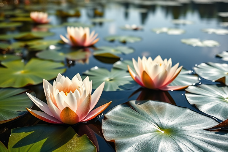 Create a high-resolution image of large lily pads on a serene pond, captured from a low angle with a macro lens, using a shallow depth of field, natural lighting, focal length of 100mm, aperture set to f/2.8, ISO 100, and enhanced color saturation for vibrant reflections.