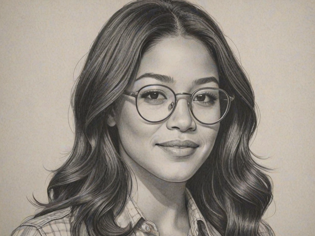 Ravishing Gina Rodriguez, pencil sketch, portrait of Pleasing woman 1970s in glasses, hair style beatnik, outline, clear lines, fine lines, 8k