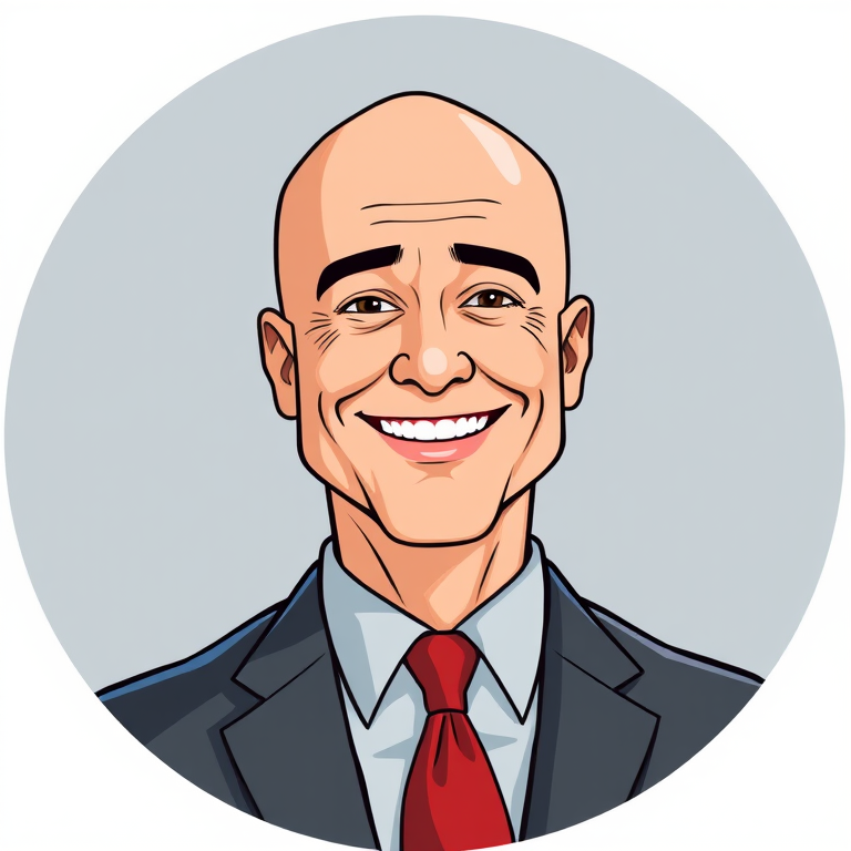 Create a digital illustration of a smiling businessman with a bald head wearing a suit and a red tie, using a 50mm lens, f/2.8 aperture for a shallow depth of field, a frontal view, and a high-resolution digital camera for enhanced clarity and color vibrancy.