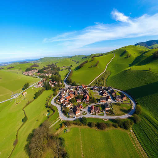 A vibrant aerial view of a quaint village nestled in rolling green hills, with picturesque houses and winding roads under a clear blue sky, captured with a DSLR camera at f/8, ISO 100, 1/250 sec, wide-angle lens.