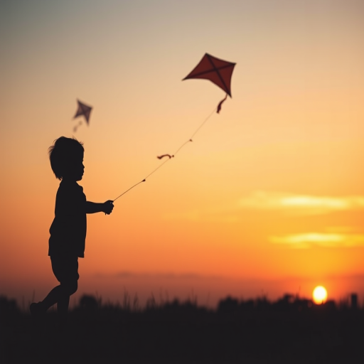 silhouette of a child flying a kite at sunset with a vibrant orange sky, soft focus, wide-angle lens, f/8 aperture, ISO 100, 1/200 sec shutter speed, DSLR camera, golden hour lighting