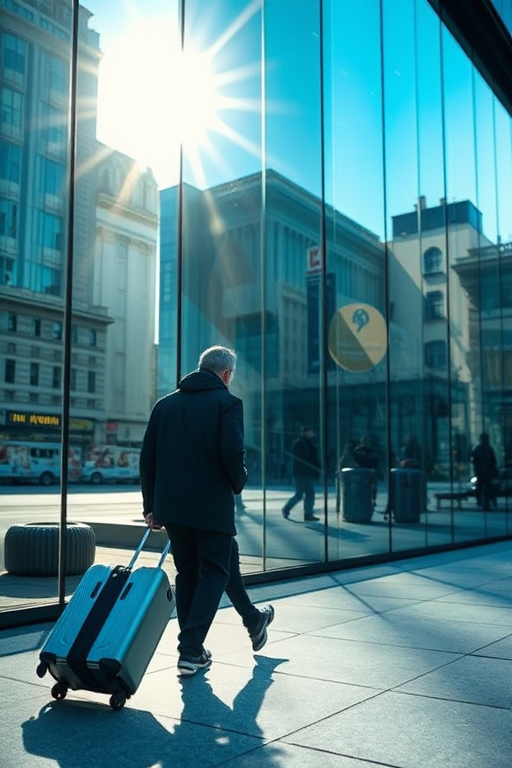 urban scene with a person pulling a suitcase reflected in a glass building under bright sunlight, focus on the reflection and details of the surroundings, taken with a DSLR camera at f/8 aperture, ISO 100, shutter speed 1/250s, wide-angle lens, daylight photography
