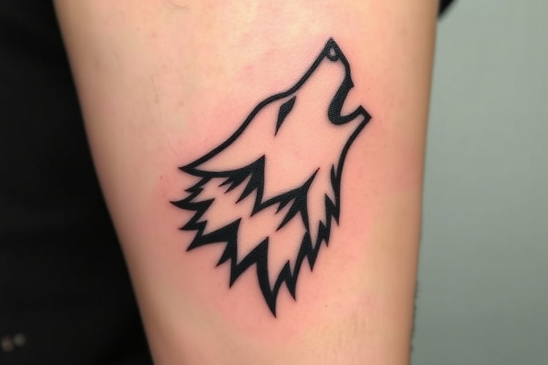 Minimalist geometric wolf tattoo with clean black lines forming angular shapes, creating a stylized representation of a howling wolf head, incorporating negative space for a modern and striking aesthetic