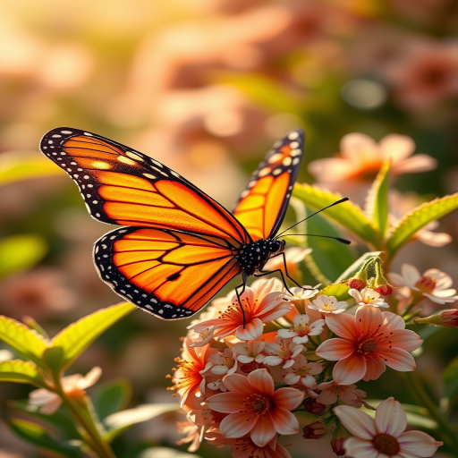 Generate an image of a butterfly perched on delicate flowers. The butterfly should have vibrant orange and black wings, surrounded by lush green leaves and softly blurred floral background. The lighting should be warm and natural, creating a serene atmosphere.