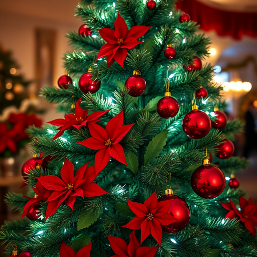 Generate an image of a beautifully decorated Christmas tree with bright lights, red poinsettias, and shiny red ornaments. The scene should evoke a warm and festive holiday atmosphere.