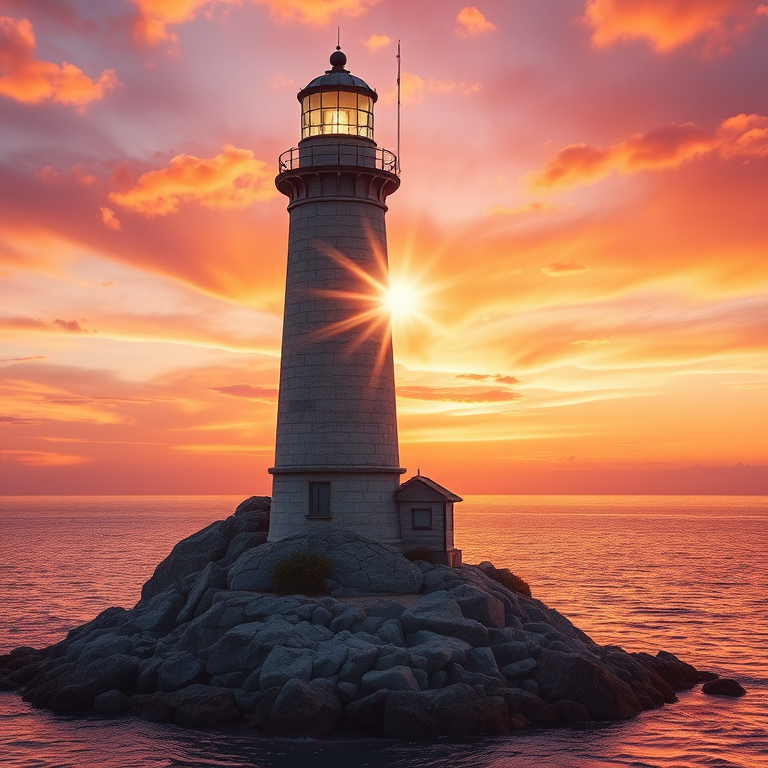 Generate an image of a tall lighthouse perched on a rocky outcrop surrounded by calm ocean waters during a breathtaking sunset. The lighthouse stands sturdy and weathered, its stone surface illuminated by the warm golden light of the setting sun. The sun's rays pass directly through the glass lantern room at the top of the lighthouse, casting a brilliant light across the scene. The sky is painted with vibrant shades of orange, pink, and purple, reflecting off the tranquil sea. The surrounding water shimmers with the same warm hues, creating a serene and majestic atmosphere.