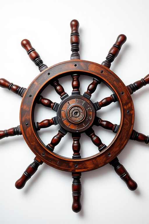 Create a high-resolution image of a ship's wheel, center-focused, using a DSLR camera with a 50mm lens at f/1.8, ISO 100, 1/200s shutter speed, on a white background with soft lighting for even illumination.