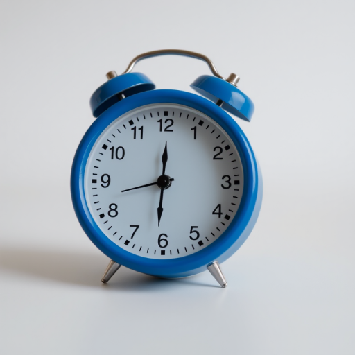 Create a high-resolution image of a simple round clock with a blue border and a white face, showing the time as 10:10, photographed from a straight-on angle using a DSLR camera, f/2.8 aperture, ISO 100, 50mm lens, with soft natural lighting to enhance clarity and detail.