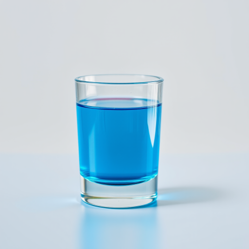 A clear cylindrical glass filled with bright blue liquid, high-resolution, 50mm lens, f/1.8 aperture, ISO 100, natural lighting, focus on liquid's surface, studio setting.