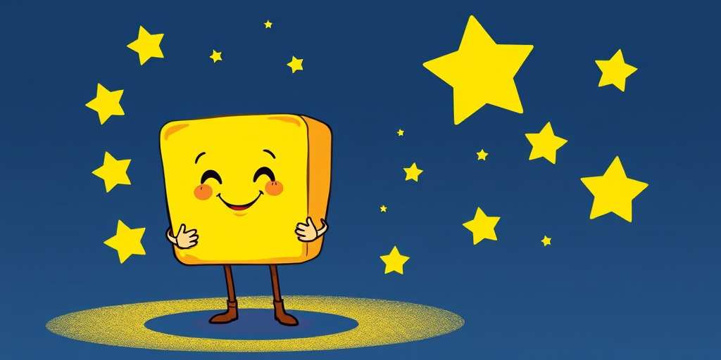 Create a whimsical character design of a smiling square holding a glowing yellow star surrounded by smaller stars in a playful style, captured with a Canon EOS R5 camera at f/2.8 aperture, ISO 100, and 50mm lens, using a bright and colorful illustration style.