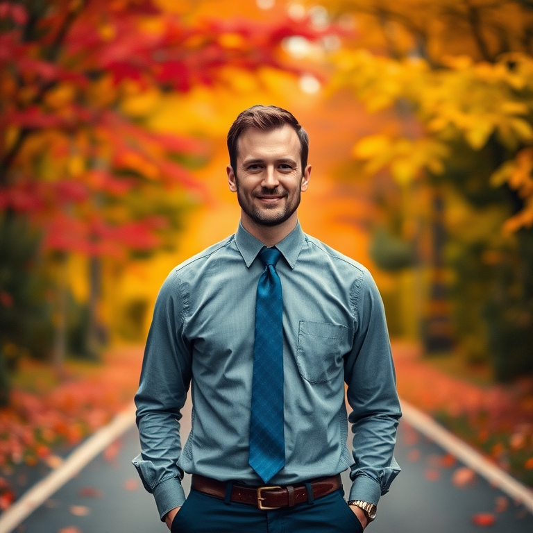 photograph a man in a gray shirt and blue tie standing on a colorful road surrounded by vibrant foliage in the background, use a DSLR camera with a 50mm lens, aperture set to f/2.8, ISO 100, and shutter speed of 1/250s for sharp focus and enhanced color contrast while using a shallow depth of field to blur the background