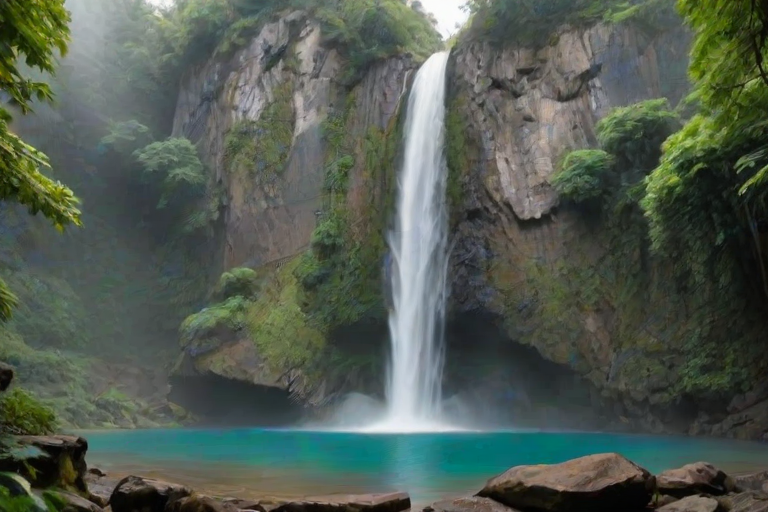 Majestic waterfall cascading into a serene pool, mist rising in the cool air, surrounded by lush greenery and towering rocks.