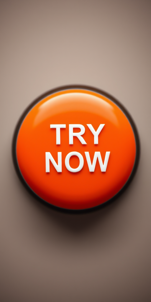 Create a vibrant orange button with the text "TRY NOW" in bold white letters, using a DSLR camera at f/2.8 aperture, ISO 100, and a 50mm lens for a shallow depth of field, shot from a top-down angle to emphasize the button's rounded edges and smooth gradient.