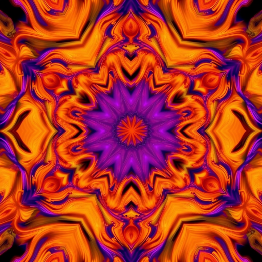create a high-resolution fractal art piece featuring intricate swirling patterns and vibrant colors of orange and purple, shot with a Canon EOS 5D Mark IV at f/8, ISO 100, and a shutter speed of 1/125s from a symmetrical perspective, using a macro lens to capture fine details and enhance image sharpness.