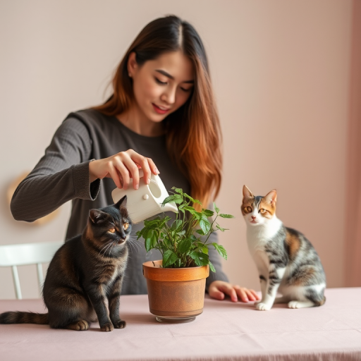 A woman watering a plant on a table with a cat sitting nearby, minimalistic style, pastel background, natural light, DSLR camera, 50mm lens, f/2.8 aperture, ISO 200, soft focus effect.