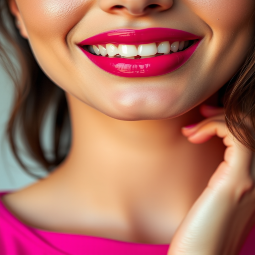 Radiant woman lips adorned with a glossy fuchsia lipstick, vibrant and youthful, full and rounded, exuding playfulness and confidence