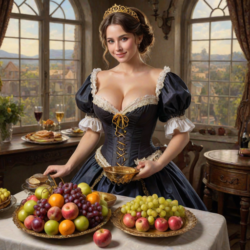 intricate details, masterpiece, best quality full body photo of insanely sensual woman, textured skin, blue eyes, (large natural breasts:1.1), cleavage, (holding a golden platter with grapes, apples, lemon, orange slice:1.1), glasses of champagne, glasses of wines, tan lines, smiling, victorian, corset, tail, black hair, bread, breasts, brown hair, candle, cleavage, dress, fire, food, gloves, grapes, indoors, large breasts, lips, looking at viewer, maid, maid headdress,  pancake, puffy sleeves,  short hair, solo, table,  window