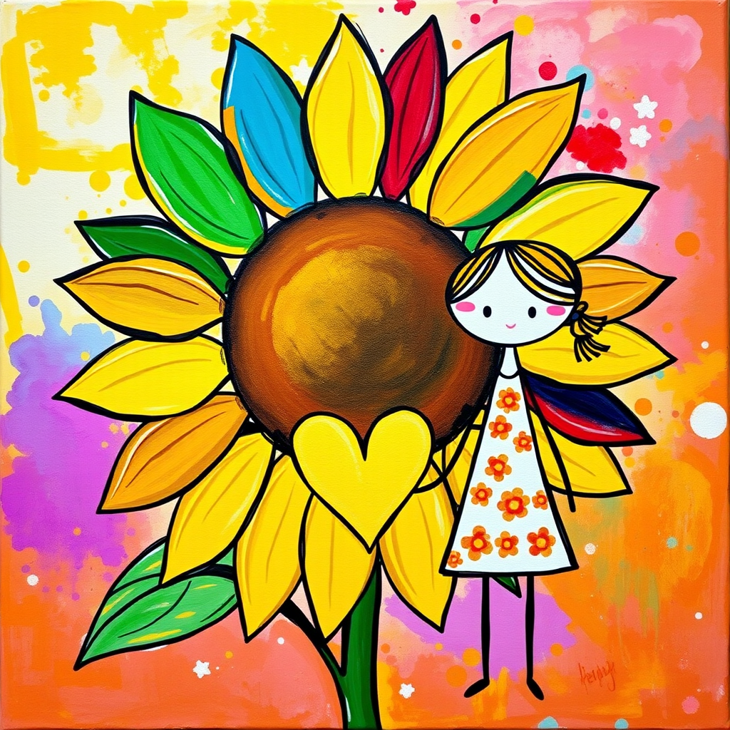 Stylized impressionism painting of a large sunflower with an oversized center and colorful petals. Beside, a young female character with eyes represented by dots and a mouth by a line, pink cheeks, hair attached, arms and legs a black line, flowery white dress triangle shape. A yellow heart surrounded by a black line between the two. Textured background with touches of colorful paint. Childish style.
