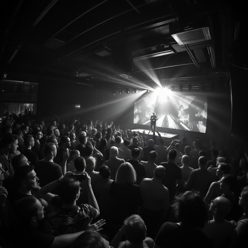 Create a high-contrast black and white image of a lively nightclub scene with a DJ on stage and a crowded dance floor, using a wide-angle lens at f/2.8, ISO 1600, shutter speed 1/60s, from a low-angle perspective to capture the energy of the crowd and stage lights.