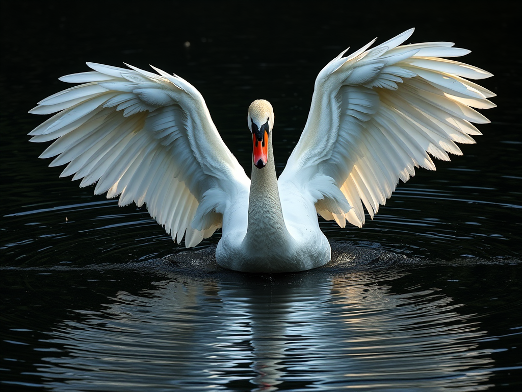 A majestic swan spreading its wings on a dark water background, captured with a Canon EOS 5D Mark IV, 85mm f/1.8 lens, aperture f/4, shutter speed 1/500 sec, ISO 200, natural light, focusing on the textures of the feathers and the ripples in the water.