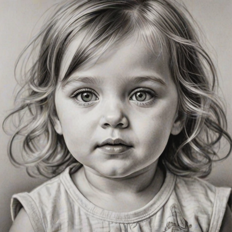 A hyperdetailed photorealistic black and white sketch of a beautiful toddler with deep green eyes, with a macro focus