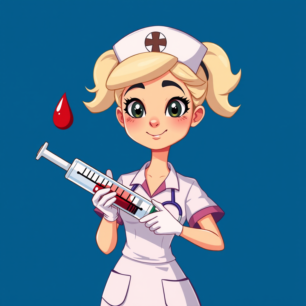 Create an illustration of a cartoon nurse holding a large syringe with a drop of blood at the tip, set against a deep blue background, using a digital painting style, high resolution, in a vertical orientation, with vibrant colors and smooth lines, simulating a Canon EOS 5D Mark IV with a 50mm lens, aperture set to f/2.8 to achieve a soft focus effect on the background.
