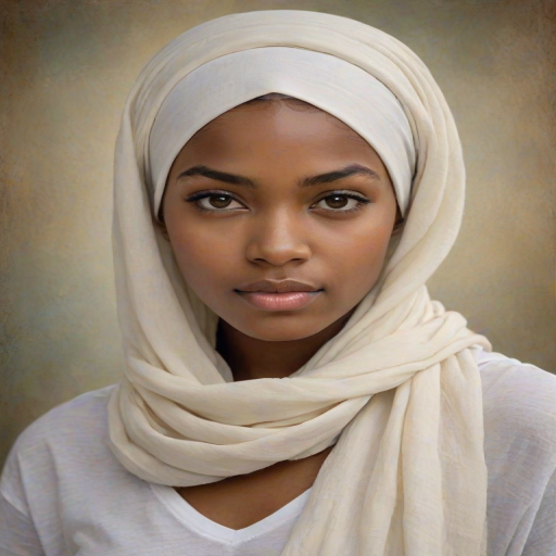 Create a portrait of a young African American female with long, dark hair and captivating hazel eyes. She is wearing a white headscarf and a matching scarf draped gracefully around her neck. The background is softly blurred, focusing attention on her serene and natural expression. The overall color palette is muted and warm, enhancing the intimate and authentic feel of the portrait.