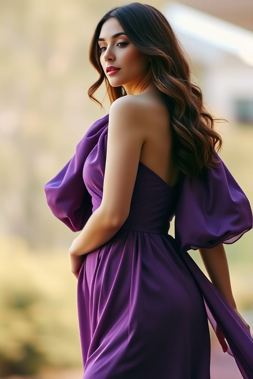 A graceful woman in a flowing purple dress with puffed sleeves, captured in a soft focus, using a DSLR camera at f/2.8 aperture, 50mm lens, natural lighting, from a slightly low angle for an elegant perspective.